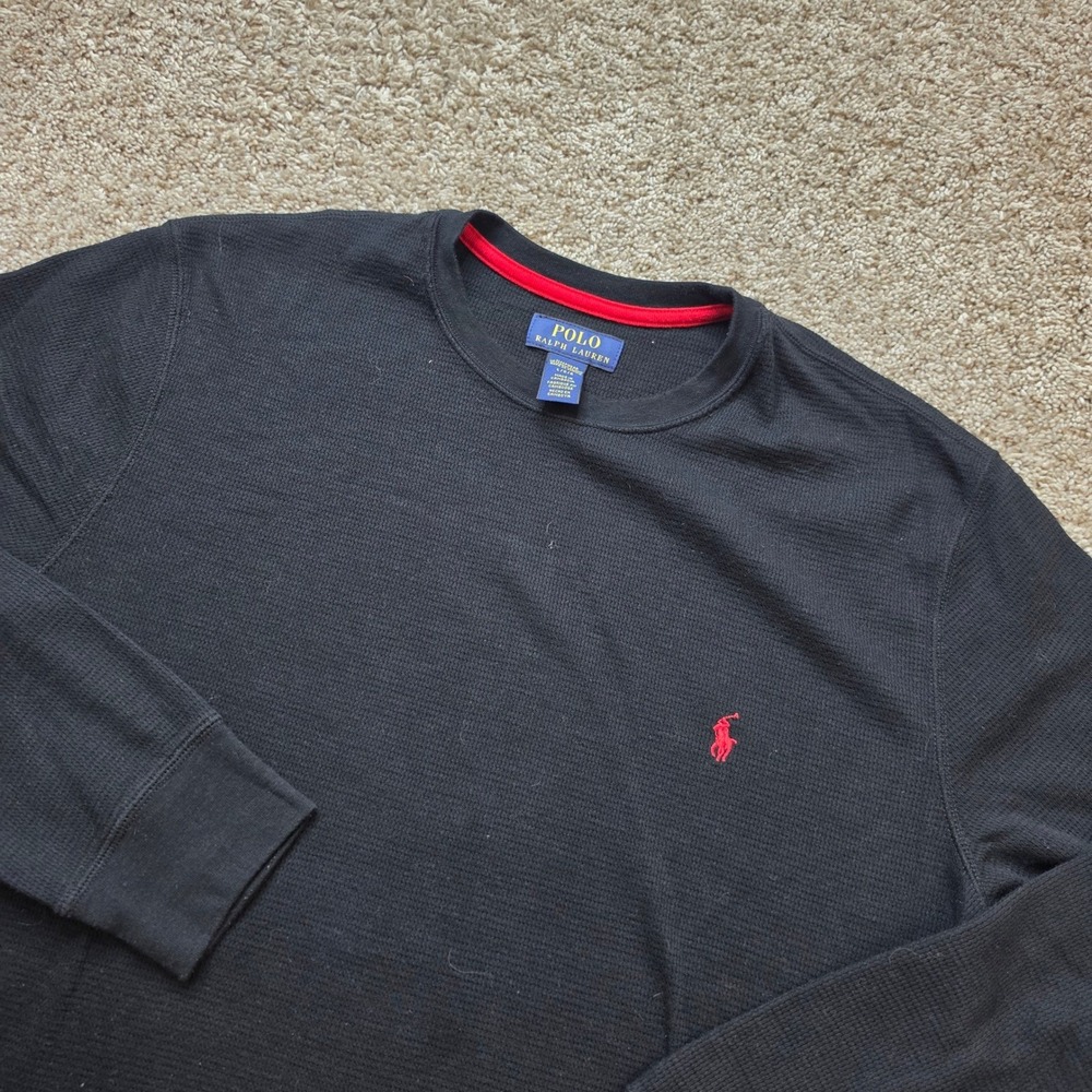 Polo Ralph Lauren Thermal Shirt Mens Large Black Cotton Waffle Knit Preppy Adult